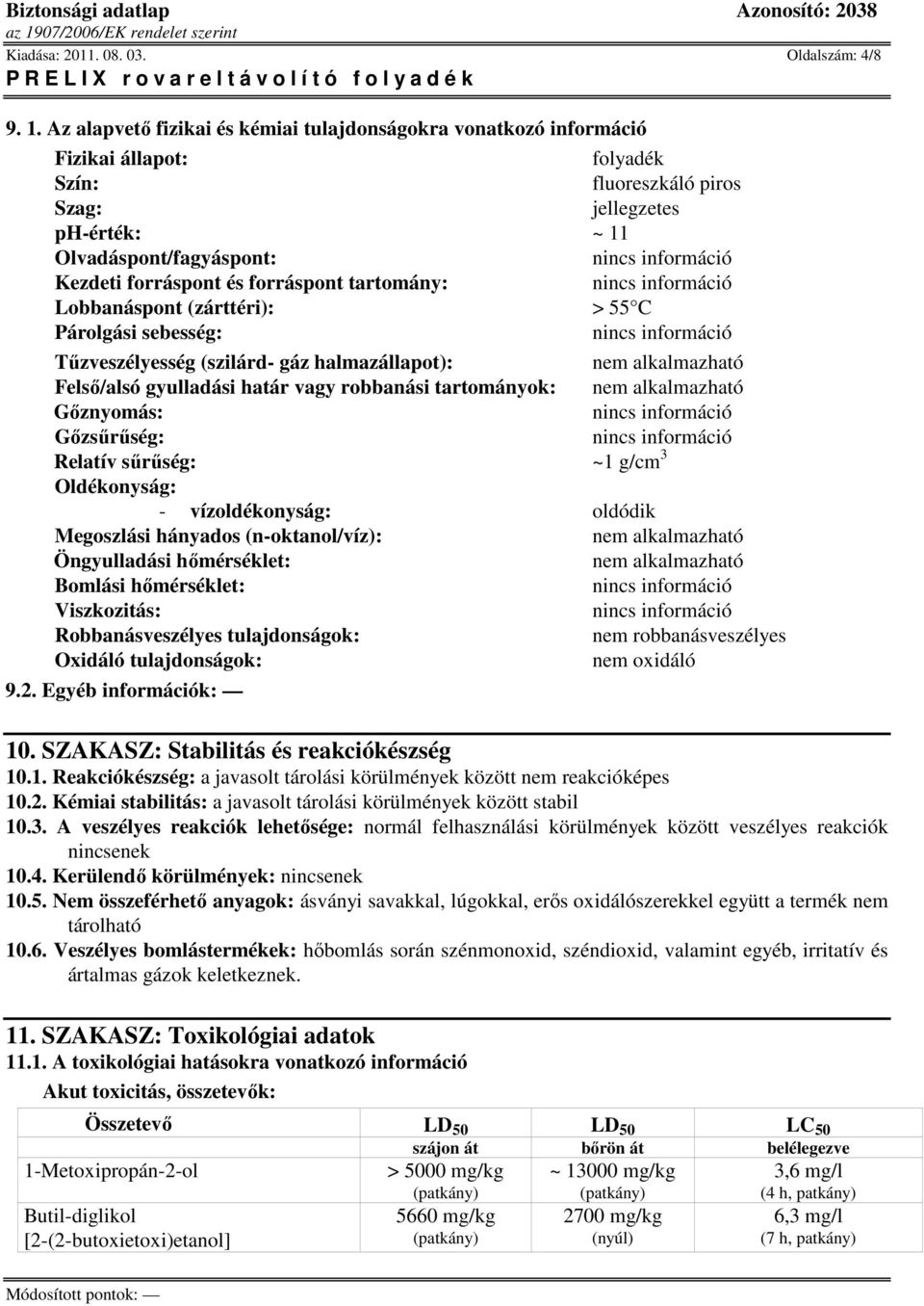 forráspont tartomány: Lobbanáspont (zárttéri): > 55 C Párolgási sebesség: Tűzveszélyesség (szilárd- gáz halmazállapot): nem alkalmazható Felső/alsó gyulladási határ vagy robbanási tartományok: nem
