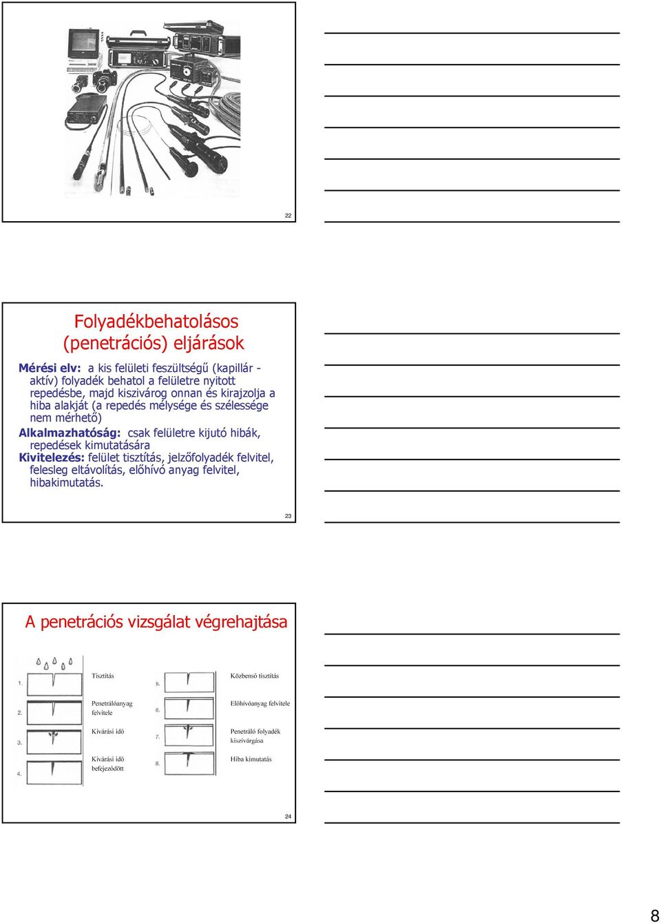 szélessége nem mérhető) Alkalmazhatóság: csak felületre kijutó hibák, repedések kimutatására Kivitelezés: felület