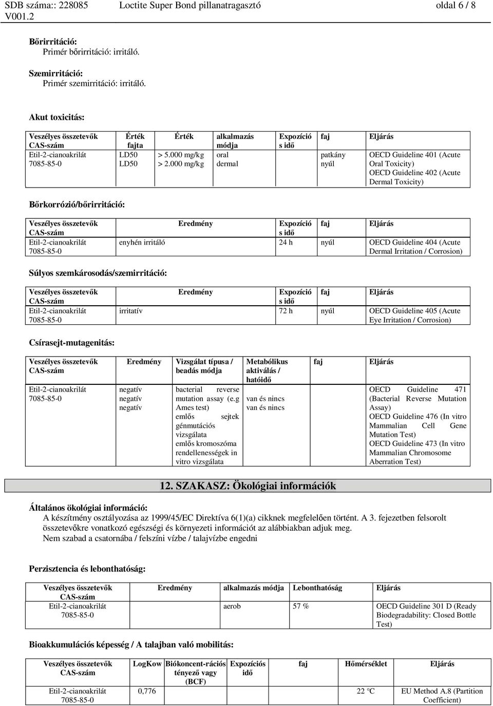 Expozíció s id faj Eljárás enyhén irritáló 24 h nyúl OECD Guideline 404 (Acute Dermal Irritation / Corrosion) Súlyos szemkárosodás/szemirritáció: Eredmény Expozíció s id faj Eljárás irritatív 72 h