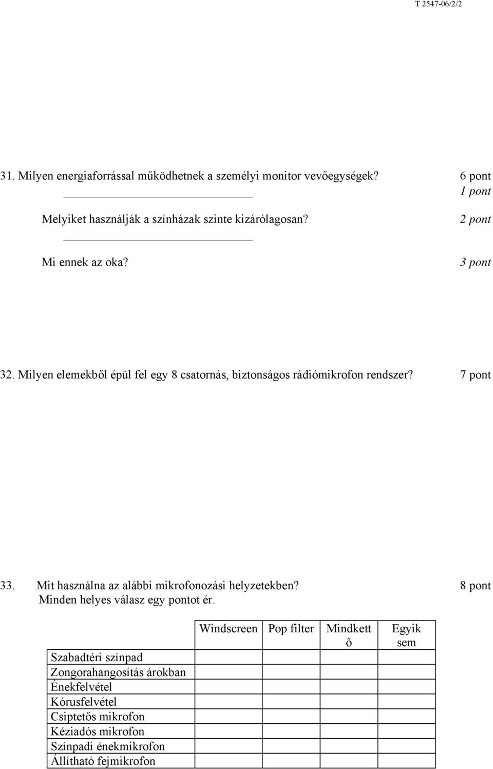 Mit használna az alábbi mikrofonozási helyzetekben? 8 pont Minden helyes válasz egy pontot ér.