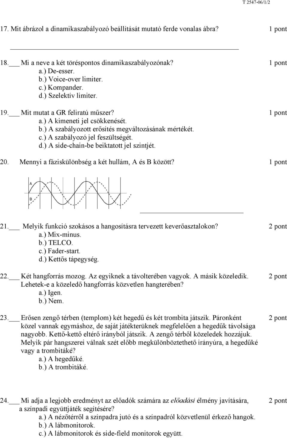 ) A side-chain-be beiktatott jel szintjét. 20. Mennyi a fáziskülönbség a két hullám, A és B között? 21. Melyik funkció szokásos a hangosításra tervezett keverőasztalokon? a.) Mix-minus. b.) TELCO. c.