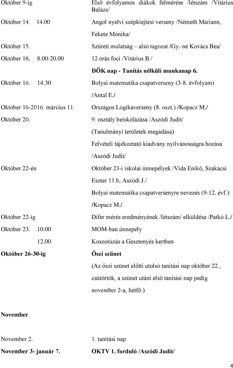 évfolyam) /Antal E./ Október 16-2016. március 11. Október 20. Országos Logikaverseny (8. oszt.) /Kopacz M./ 9.