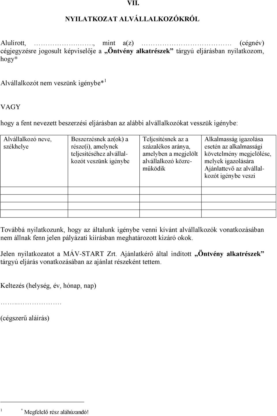 az alábbi alvállalkozókat vesszük igénybe: Alvállalkozó neve, székhelye Beszerzésnek az(ok) a része(i), amelynek teljesítéséhez alvállalkozót veszünk igénybe Teljesítésnek az a százalékos aránya,