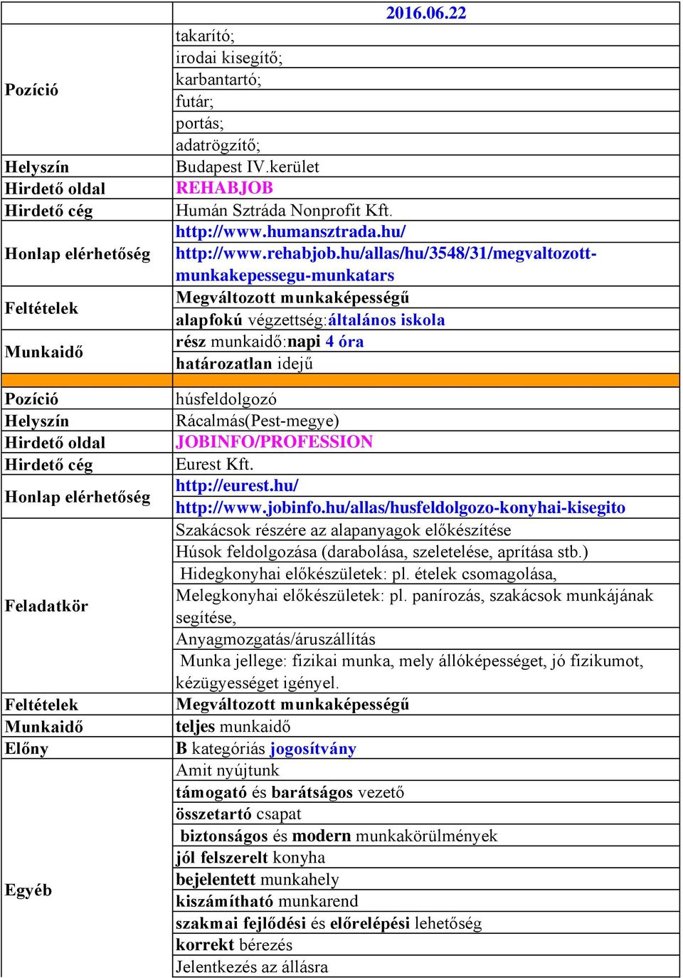 Kft. http://eurest.hu/ http://www.jobinfo.hu/allas/husfeldolgozo-konyhai-kisegito Szakácsok részére az alapanyagok előkészítése Húsok feldolgozása (darabolása, szeletelése, aprítása stb.