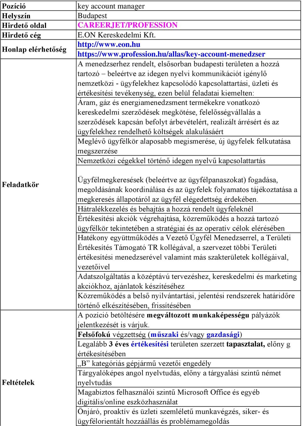 kapcsolattartási, üzleti és értékesítési tevékenység, ezen belül feladatai kiemelten: Áram, gáz és energiamenedzsment termékekre vonatkozó kereskedelmi szerződések megkötése, felelősségvállalás a