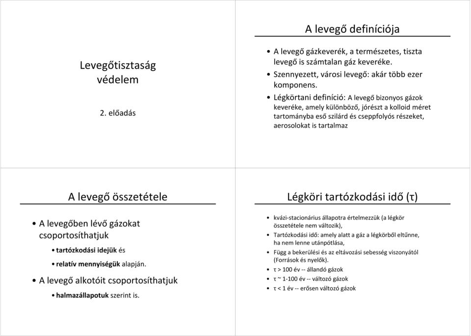 levegőben lévő gázokat csoportosíthatjuk tartózkodási idejükés relatív mennyiségükalapján. A levegő alkotóit csoportosíthatjuk halmazállapotuk szerint is.