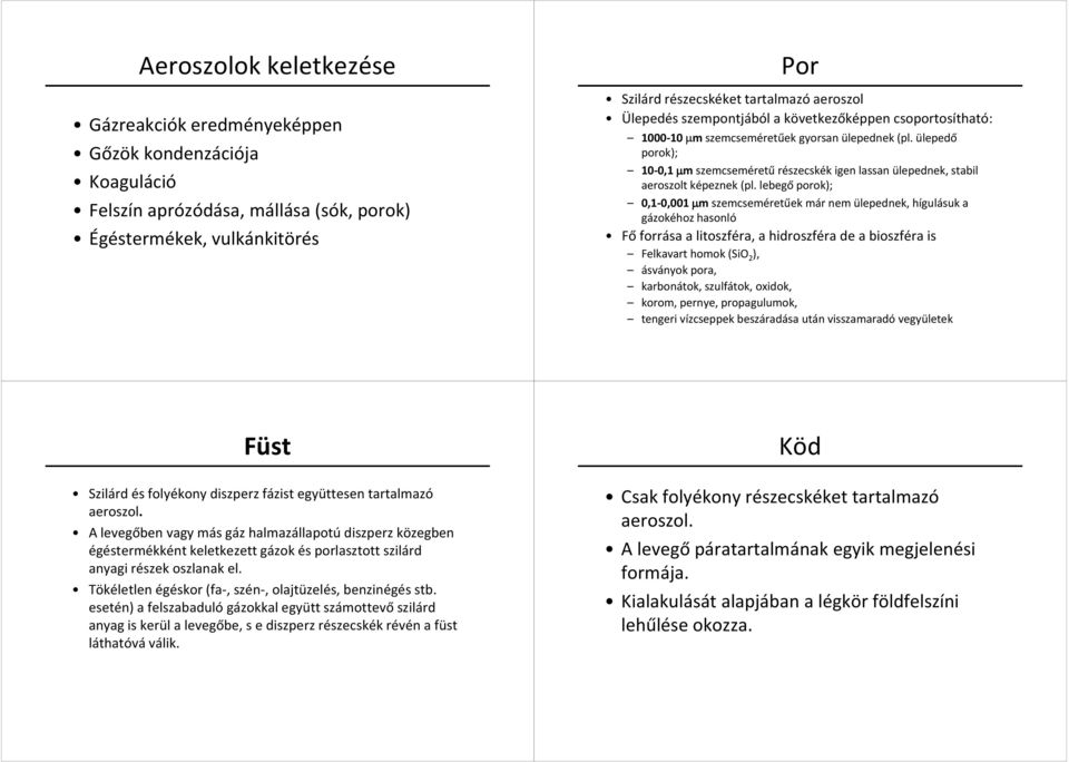 ülepedő porok); 10-0,1 µmszemcseméretű részecskék igen lassan ülepednek, stabil aeroszolt képeznek (pl.
