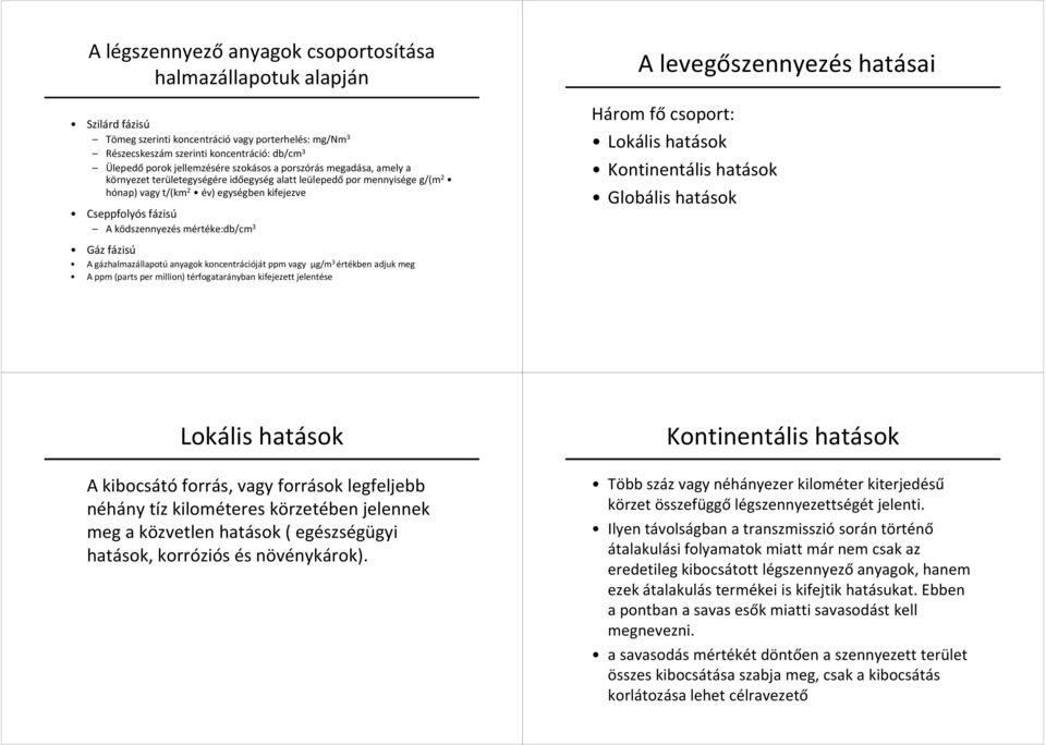 ködszennyezés mértéke:db/cm 3 Gáz fázisú A gázhalmazállapotú anyagok koncentrációját ppm vagy µg/m 3 értékben adjuk meg A ppm (parts per million) térfogatarányban kifejezett jelentése A