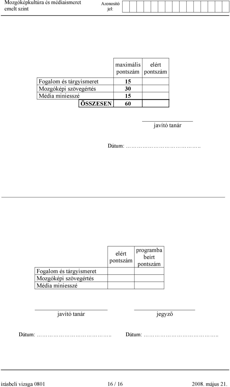 . Fogalom és tárgyismeret Mozgóképi szövegértés Média miniesszé elért pontszám