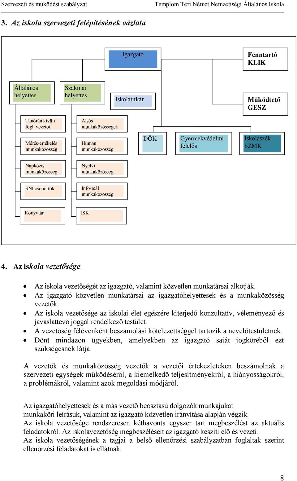 munkaközösség Könyvtár ISK 4. Az iskola vezetősége Az iskola vezetőségét az igazgató, valamint közvetlen munkatársai alkotják.