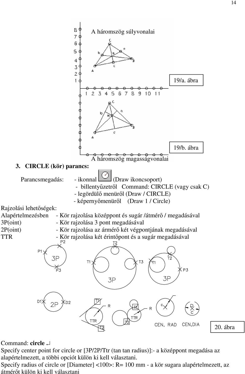 Alapértelmezésben - Kör rajzolása középpont és sugár /átmérő / megadásával 3P(oint ) - Kör rajzolása 3 pont megadásával 2P(oint) - Kör rajzolása az ármérő két végpontjának megadásával TTR - Kör