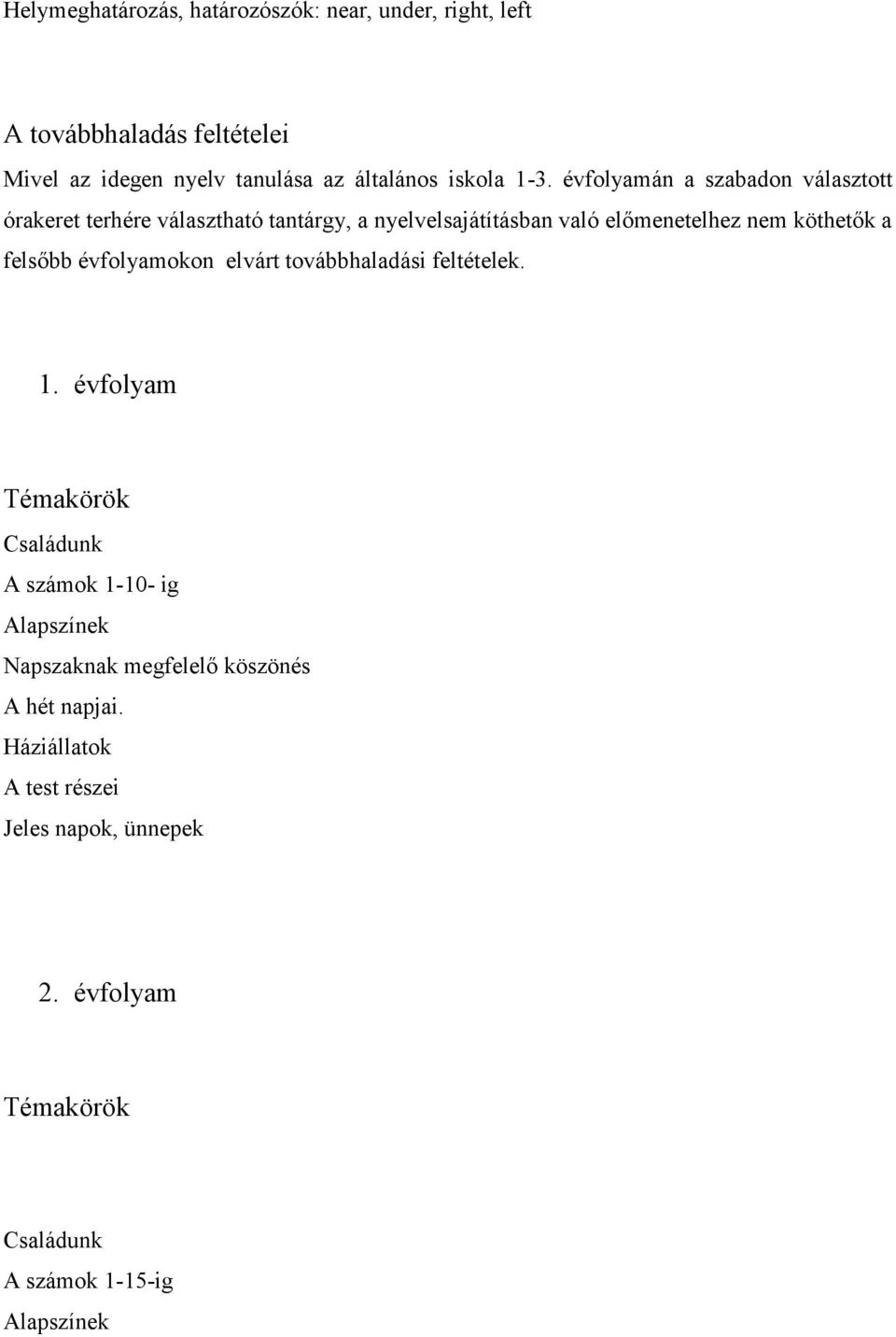 évfolyamán a szabadon választott órakeret terhére választható tantárgy, a nyelvelsajátításban való előmenetelhez nem köthetők a