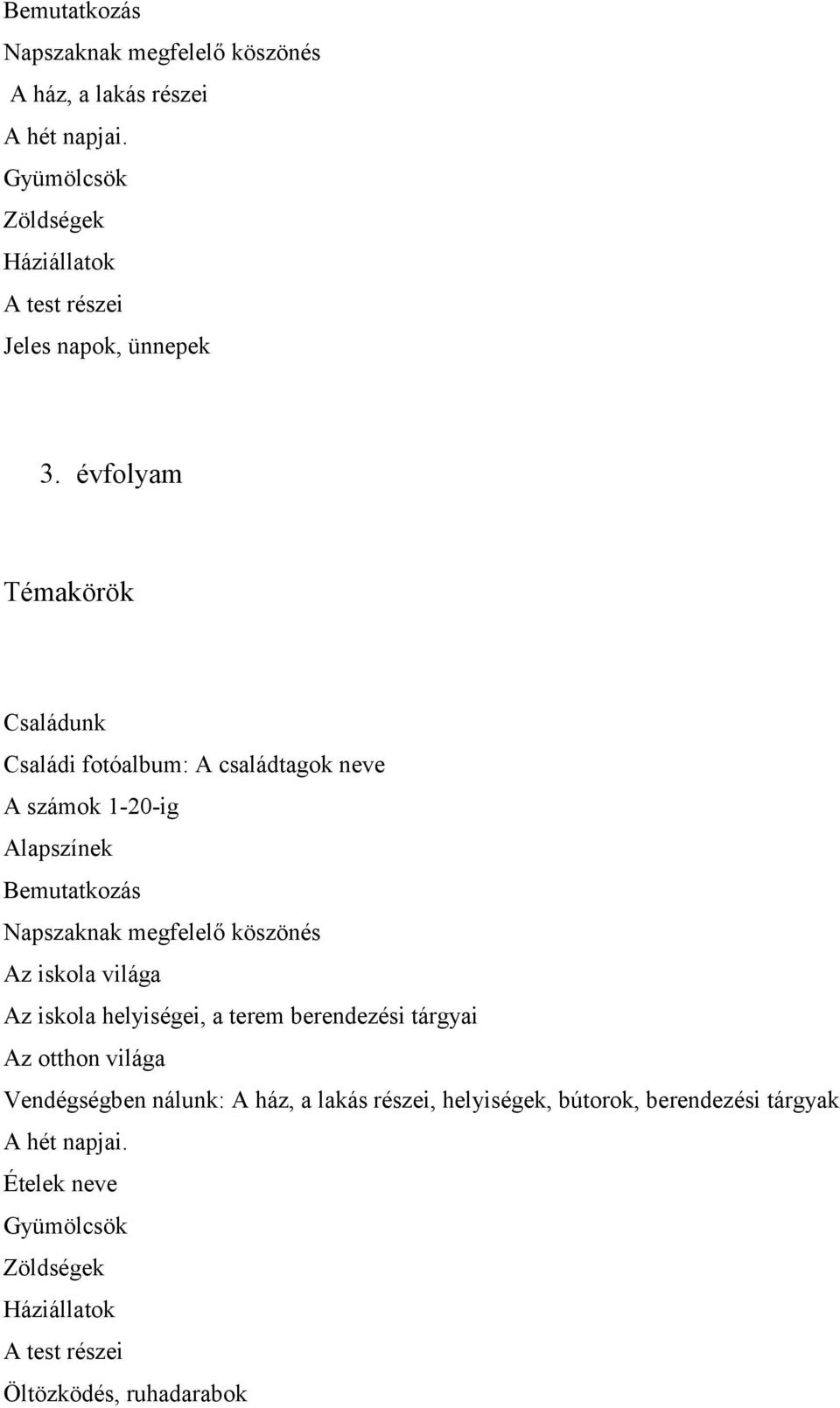 évfolyam Témakörök Családunk Családi fotóalbum: A családtagok neve A számok 1-20-ig Alapszínek Bemutatkozás Napszaknak megfelelő köszönés