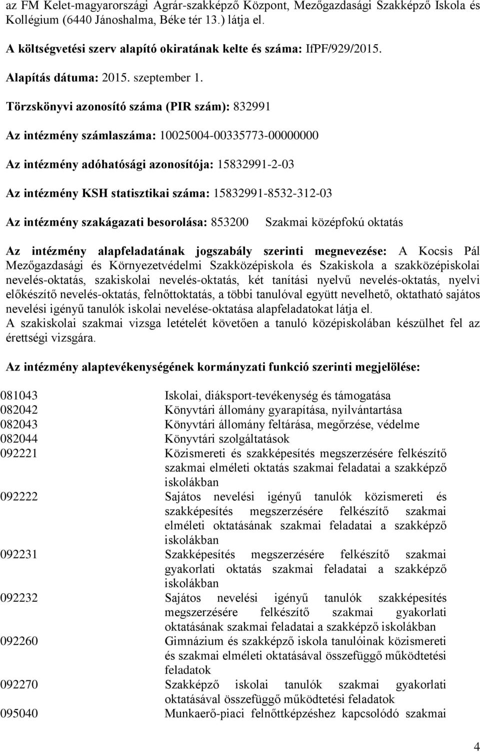 Törzskönyvi azonosító száma (PIR szám): 832991 Az intézmény számlaszáma: 10025004-00335773-00000000 Az intézmény adóhatósági azonosítója: 15832991-2-03 Az intézmény KSH statisztikai száma: