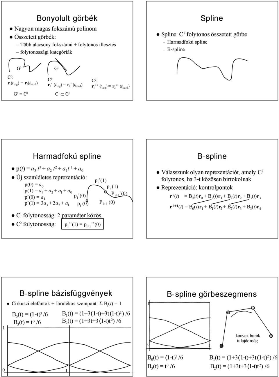 reprezentáció: p(0) = a 0 p() = a 3 + a 2 + a + a 0 p (0) = a p i (0) p () = 3a 3 + 2a 2 + a p i (0) C folytonosság: 2 paraméter közös C 2 folytonosság: p i () = p i+ (0) p i () p i () P i+ (0) P i+