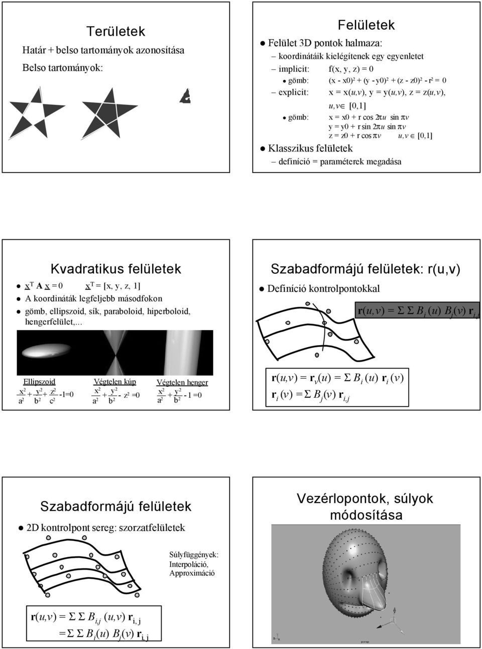 y(u,v), z = z(u,v), u,v [0,] gömb: x = x0 + r cos 2πu sin πv y = y0 + r sin 2πu sin πv z = z0 + r cos πv u,v [0,] Klasszikus felületek definíció = paraméterek megadása Kvadratikus felületek x T A x =
