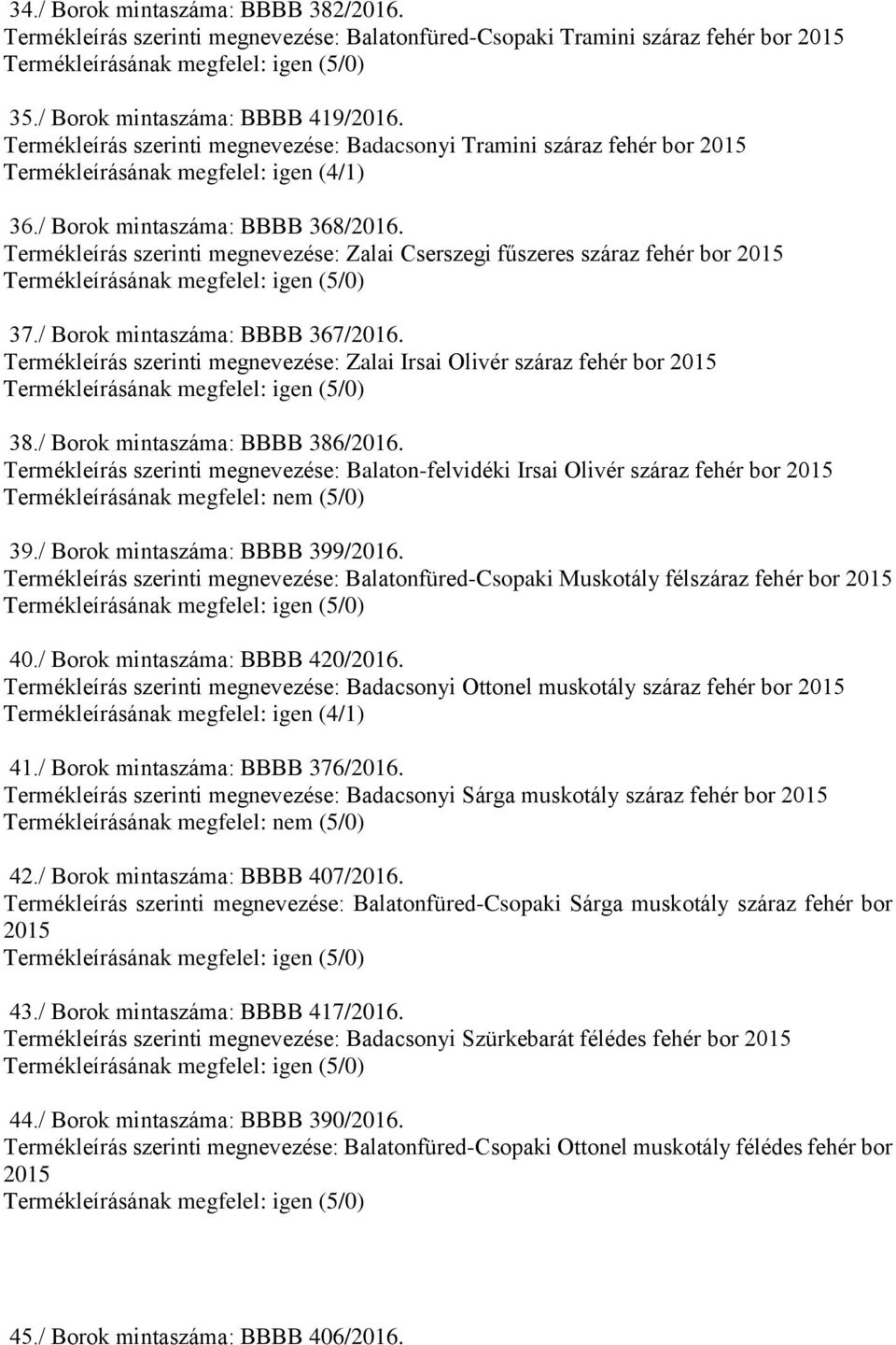 / Borok mintaszáma: BBBB 367/2016. Termékleírás szerinti megnevezése: Zalai Irsai Olivér száraz fehér bor 38./ Borok mintaszáma: BBBB 386/2016.