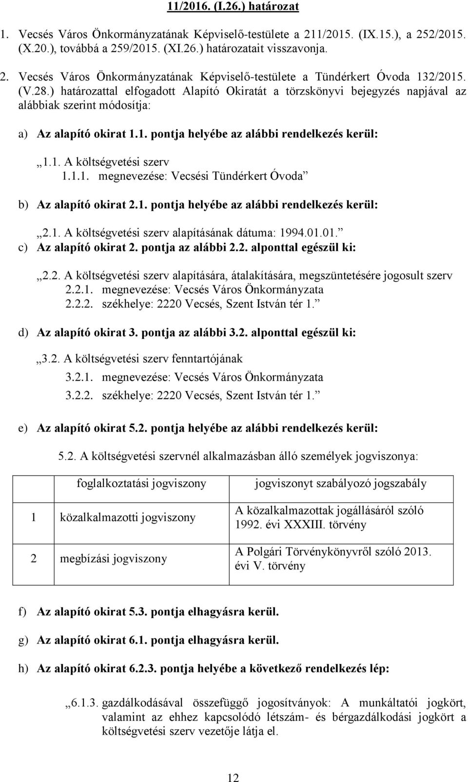 1.1. megnevezése: Vecsési Tündérkert Óvoda b) Az alapító okirat 2.1. pontja helyébe az alábbi rendelkezés kerül: 2.1. A költségvetési szerv alapításának dátuma: 1994.01.01. c) Az alapító okirat 2.
