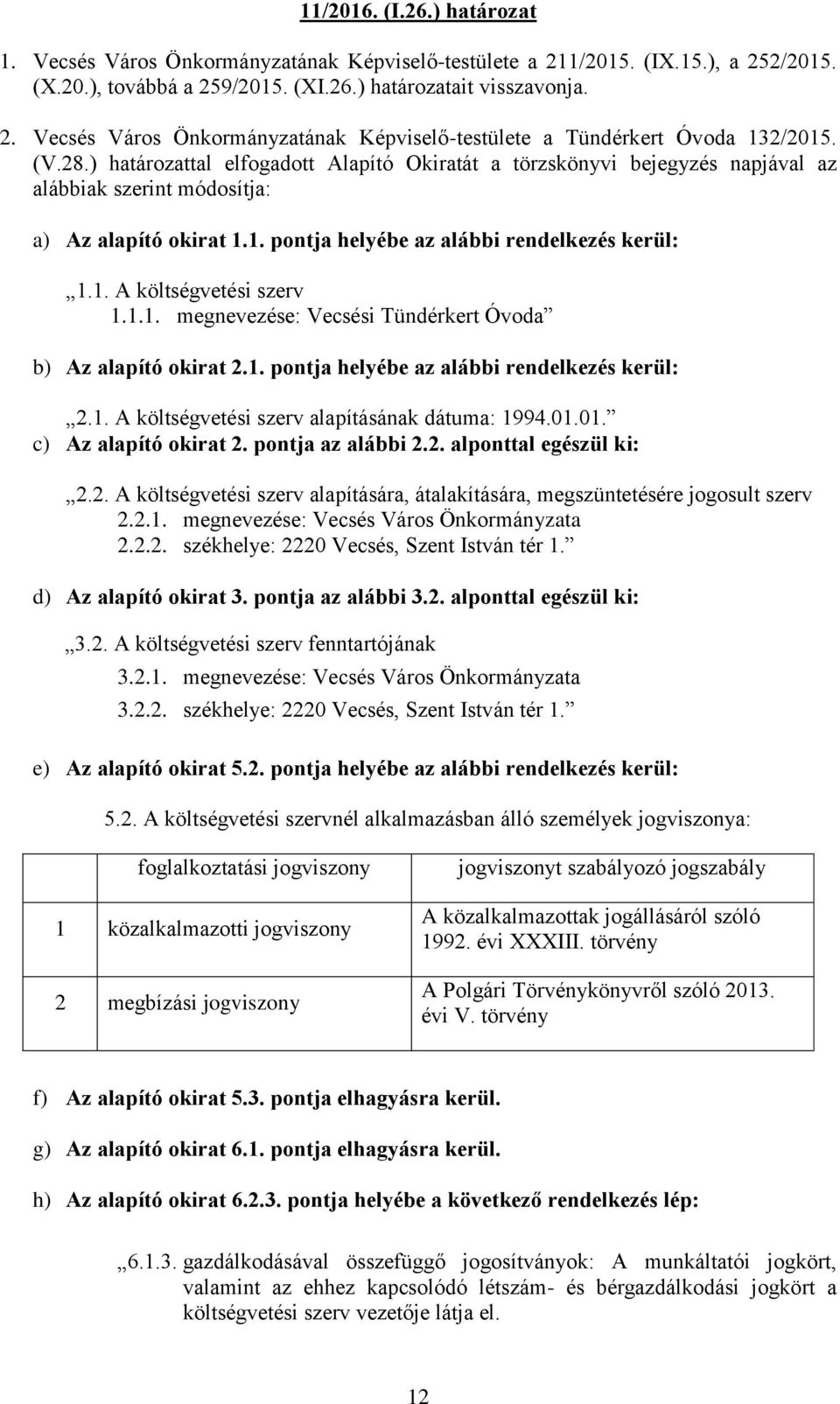 1.1. megnevezése: Vecsési Tündérkert Óvoda b) Az alapító okirat 2.1. pontja helyébe az alábbi rendelkezés kerül: 2.1. A költségvetési szerv alapításának dátuma: 1994.01.01. c) Az alapító okirat 2.