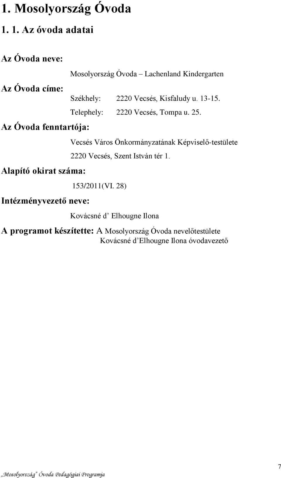 Óvoda Lachenland Kindergarten Székhely: 2220 Vecsés, Kisfaludy u. 13-15. Telephely: 2220 Vecsés, Tompa u. 25.
