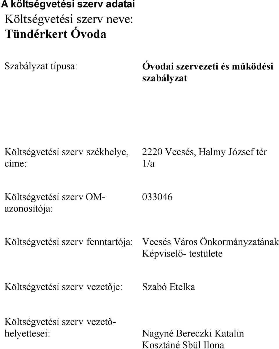 OMazonosítója: 033046 Költségvetési szerv fenntartója: Vecsés Város Önkormányzatának Képviselő- testülete