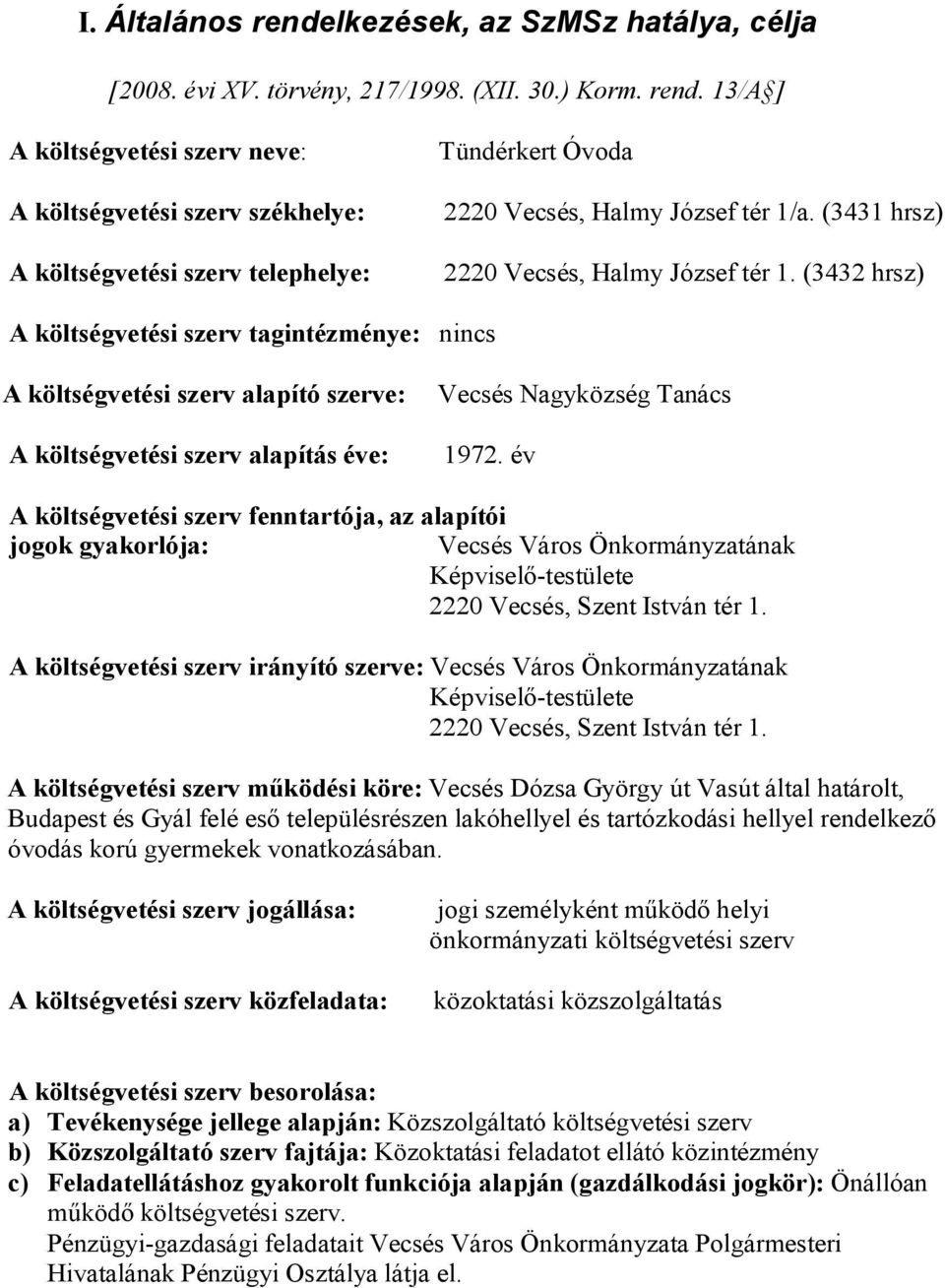 (3432 hrsz) A költségvetési szerv tagintézménye: nincs A költségvetési szerv alapító szerve: A költségvetési szerv alapítás éve: Vecsés Nagyközség Tanács 1972.