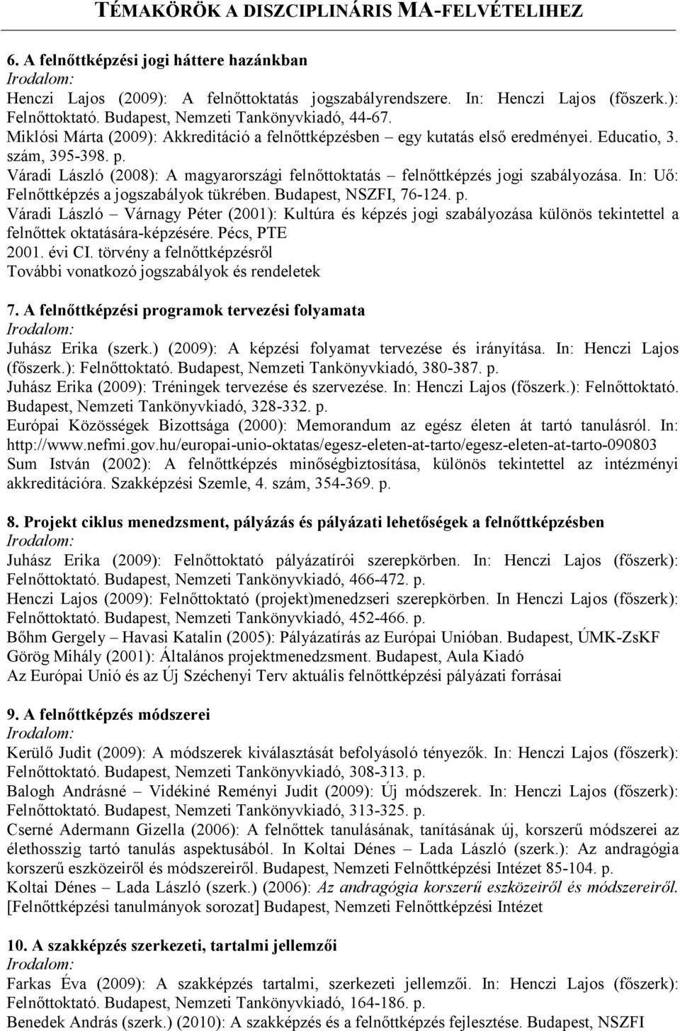 In: Uő: Felnőttképzés a jogszabályok tükrében. Budapest, NSZFI, 76-124. p. Váradi László Várnagy Péter (2001): Kultúra és képzés jogi szabályozása különös tekintettel a felnőttek oktatására-képzésére.