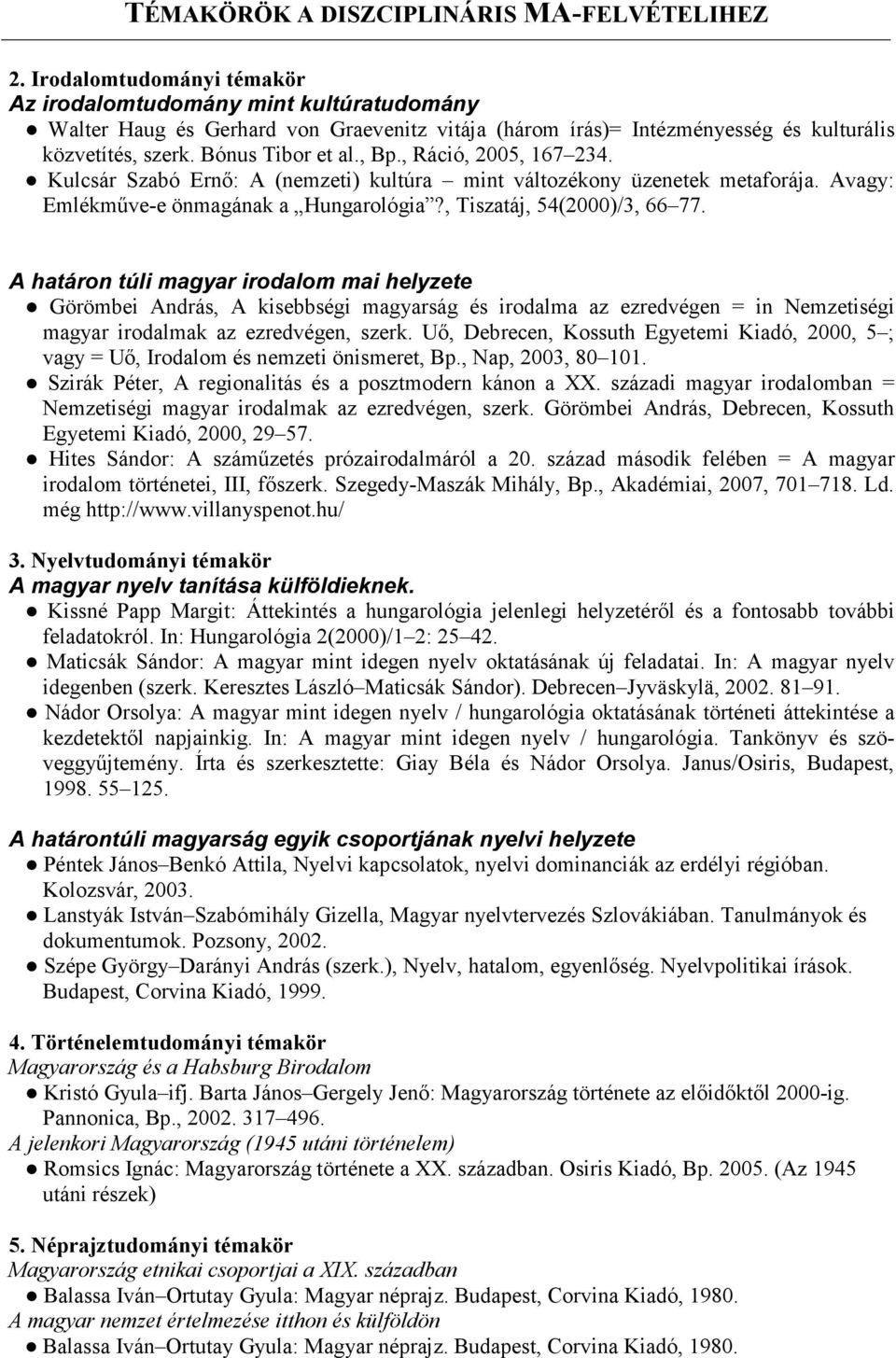 A határon túli magyar irodalom mai helyzete Görömbei András, A kisebbségi magyarság és irodalma az ezredvégen = in Nemzetiségi magyar irodalmak az ezredvégen, szerk.