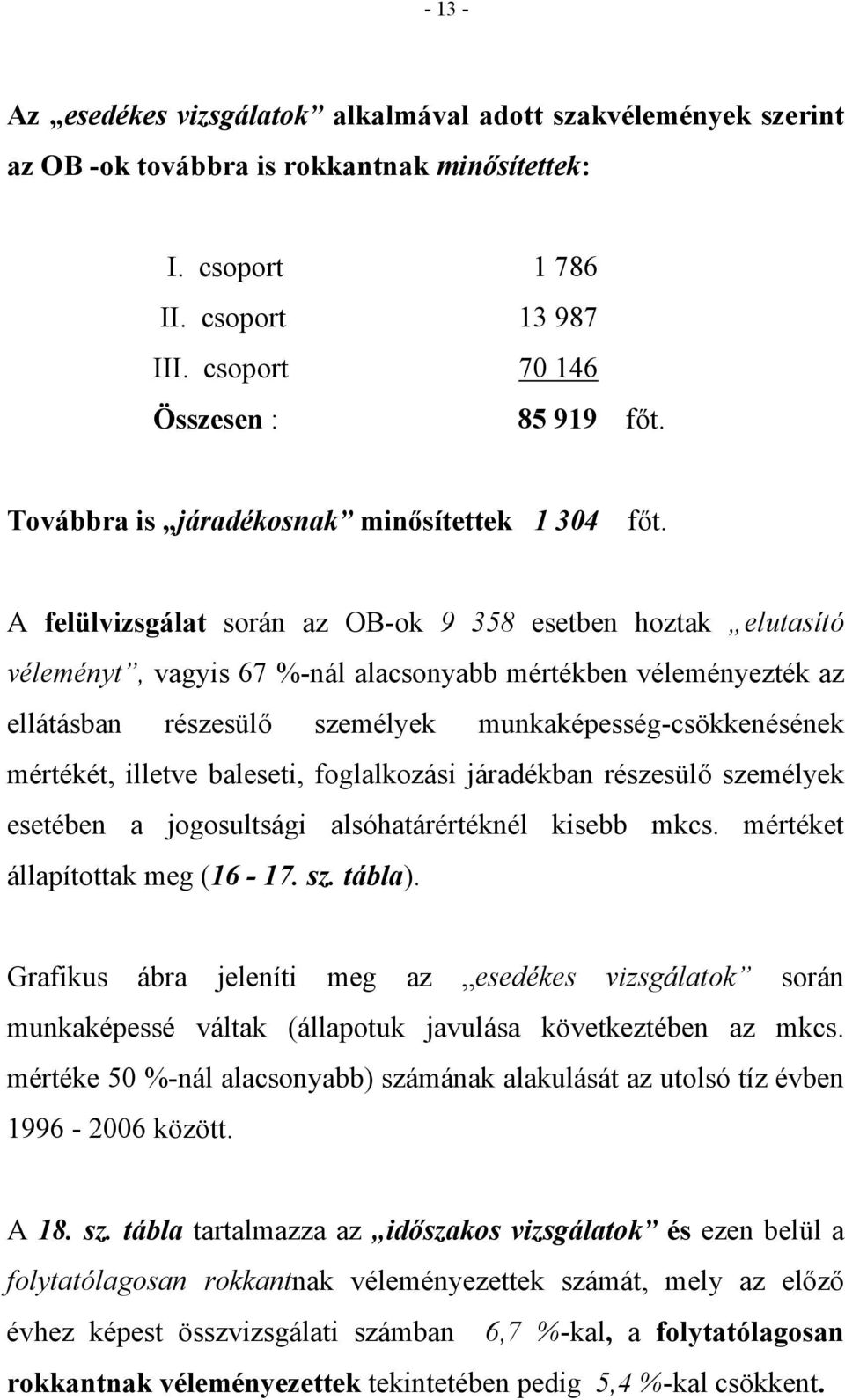 A felülvizsgálat során az OB-ok 9 358 esetben hoztak elutasító véleményt, vagyis 67 %-nál alacsonyabb mértékben véleményezték az ellátásban részesülő személyek munkaképesség-csökkenésének mértékét,