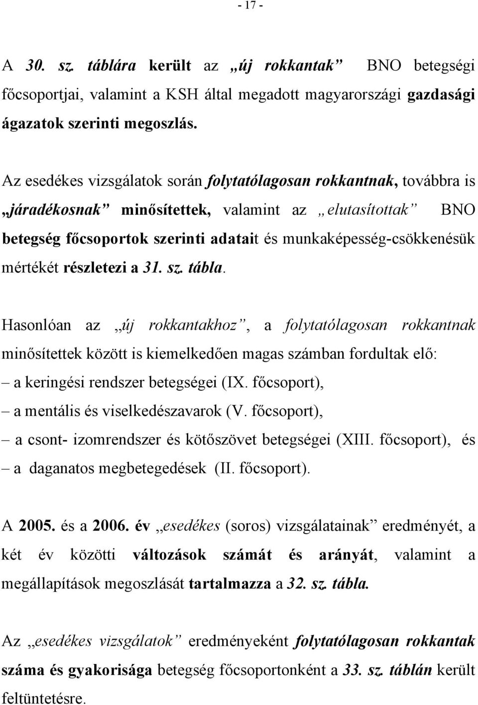 mértékét részletezi a 31. sz. tábla. Hasonlóan az új rokkantakhoz, a folytatólagosan rokkantnak minősítettek között is kiemelkedően magas számban fordultak elő: a keringési rendszer betegségei (IX.