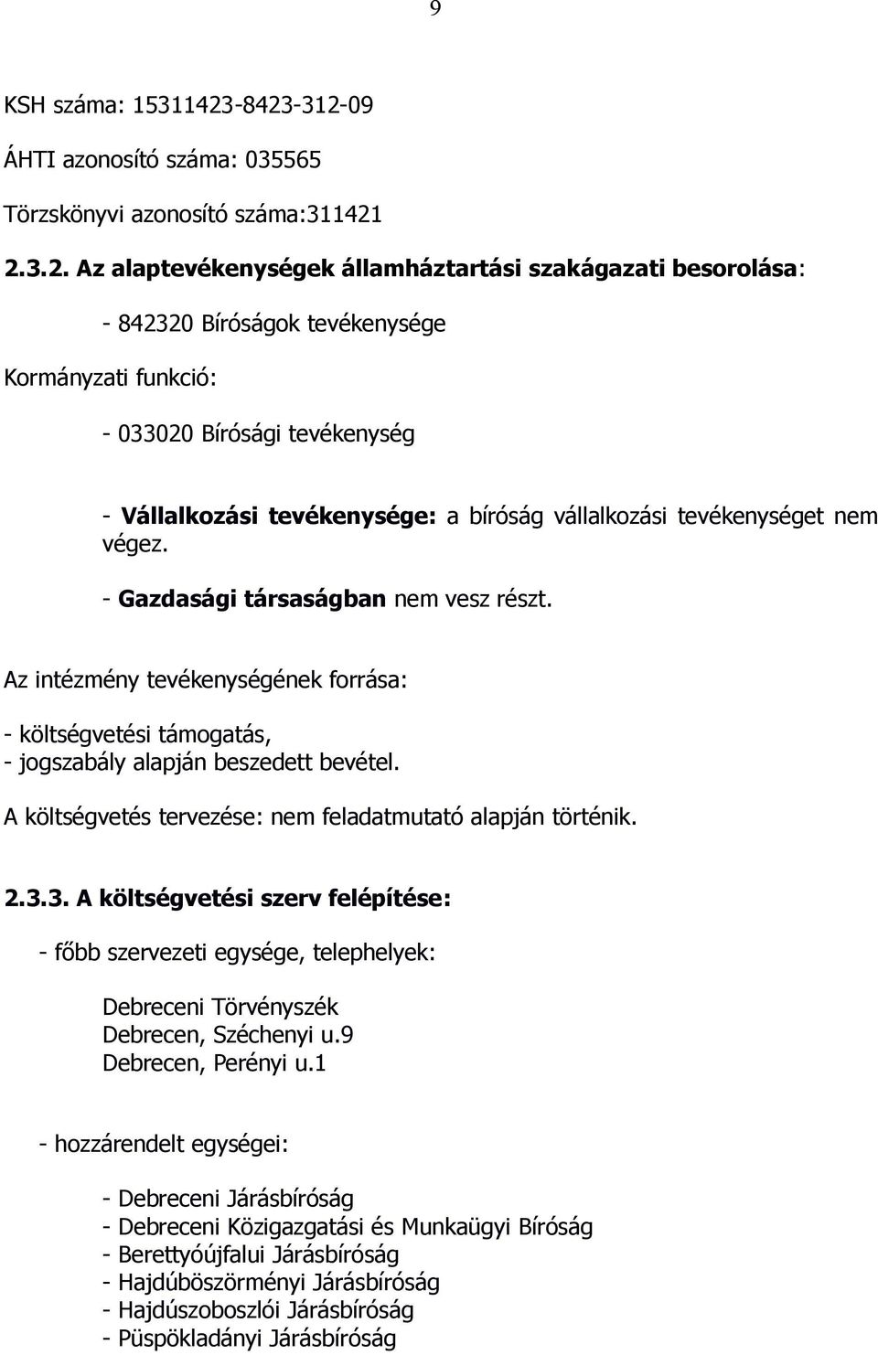 033020 Bírósági tevékenység - Vállalkozási tevékenysége: a bíróság vállalkozási tevékenységet nem végez. - Gazdasági társaságban nem vesz részt.