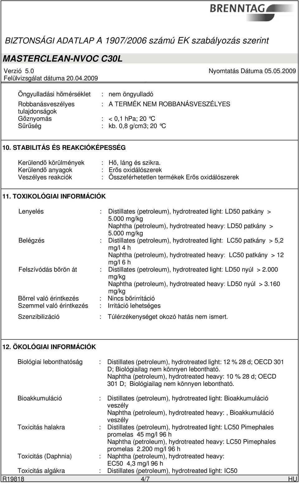 TOXIKOLÓGIAI INFORMÁCIÓK Lenyelés : Distillates (petroleum), hydrotreated light: LD50 patkány > 5.000 mg/kg Naphtha (petroleum), hydrotreated heavy: LD50 patkány > 5.