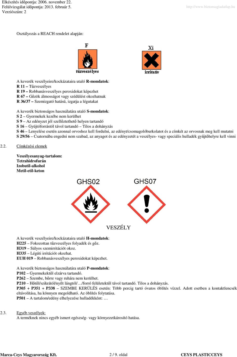 16 Gyújtóforrástól távol tartandó Tilos a dohányzás S 46 Lenyelése esetén azonnal orvoshoz kell fordulni, az edényt/csomagolóburkolatot és a címkét az orvosnak meg kell mutatni S 29/56 Csatornába