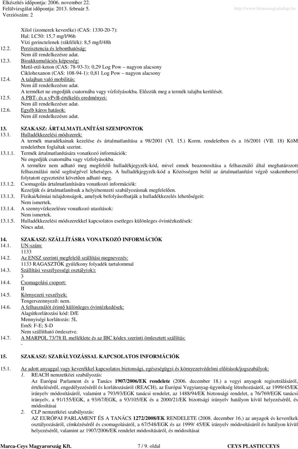SZAKASZ: ÁRTALMATLANÍTÁSI SZEMPONTOK 13.1. Hulladékkezelési módszerek: A termék maradékainak kezelése és ártalmatlanítása a 98/2001 (VI. 15.) Korm. rendeletben és a 16/2001 (VII.