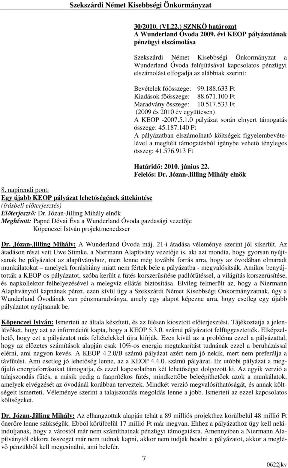 fıösszege: 99.188.633 Ft Kiadások fıösszege: 88.671.100 Ft Maradvány összege: 10.517.533 Ft (2009 és 2010 év együttesen) A KEOP -2007.5.1.0 pályázat során elnyert támogatás összege: 45.187.