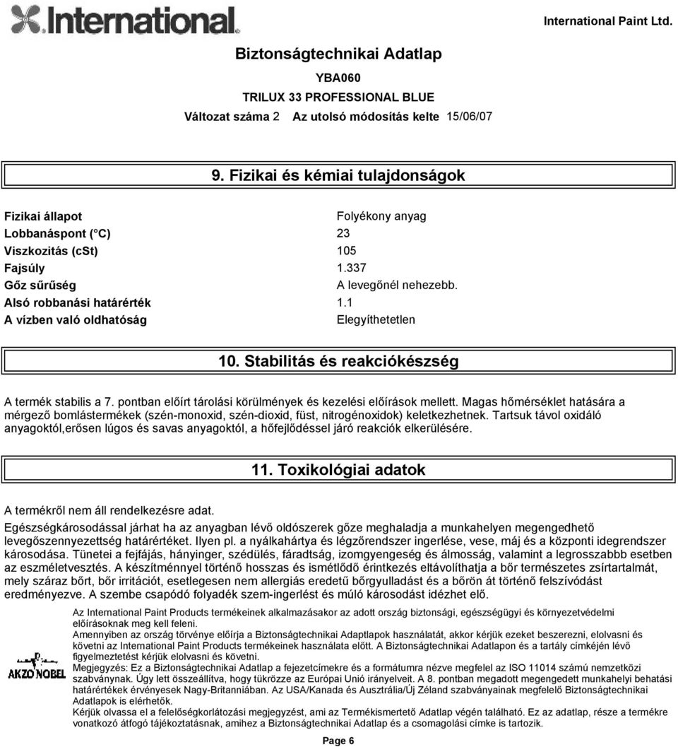 Magas hőmérséklet hatására a mérgező bomlástermékek (szén-monoxid, szén-dioxid, füst, nitrogénoxidok) keletkezhetnek.
