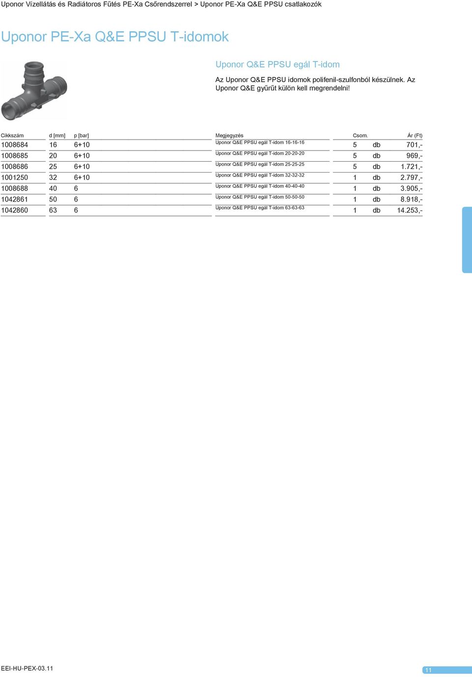 Ár (Ft) 1008684 16 6+10 Uponor Q&E PPSU egál T-idom 16-16-16 5 db 701,- 1008685 20 6+10 Uponor Q&E PPSU egál T-idom 20-20-20 5 db 969,- 1008686 25 6+10 Uponor Q&E PPSU egál T-idom 25-25-25 5 db