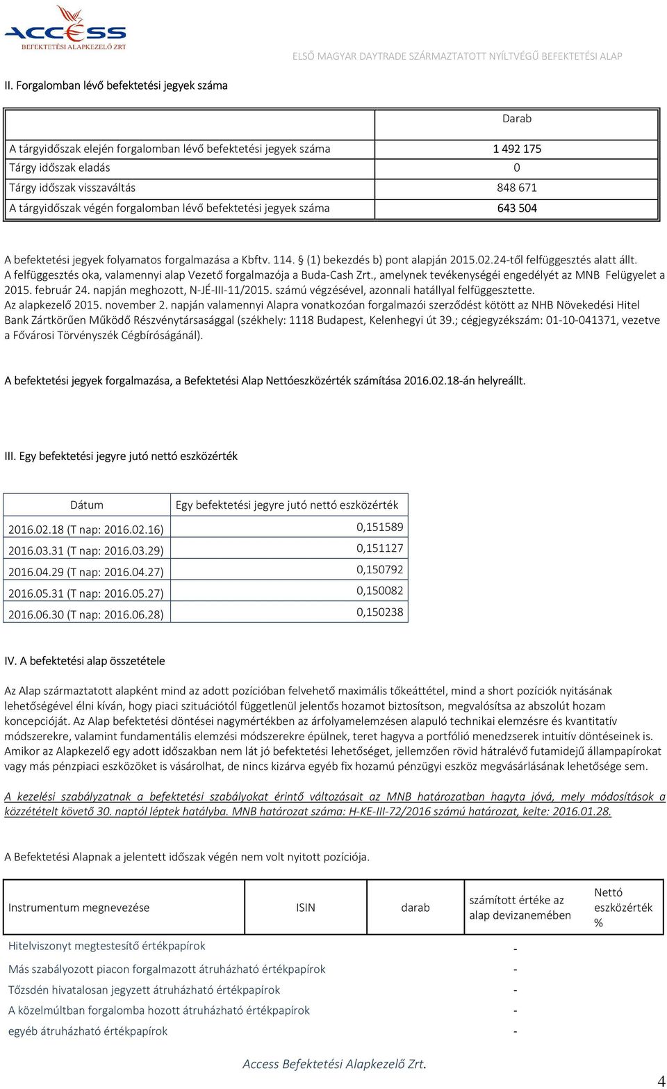 A felfüggesztés oka, valamennyi alap Vezető forgalmazója a Buda-Cash Zrt., amelynek tevékenységéi engedélyét az MNB Felügyelet a 2015. február 24. napján meghozott, N-JÉ-III-11/2015.