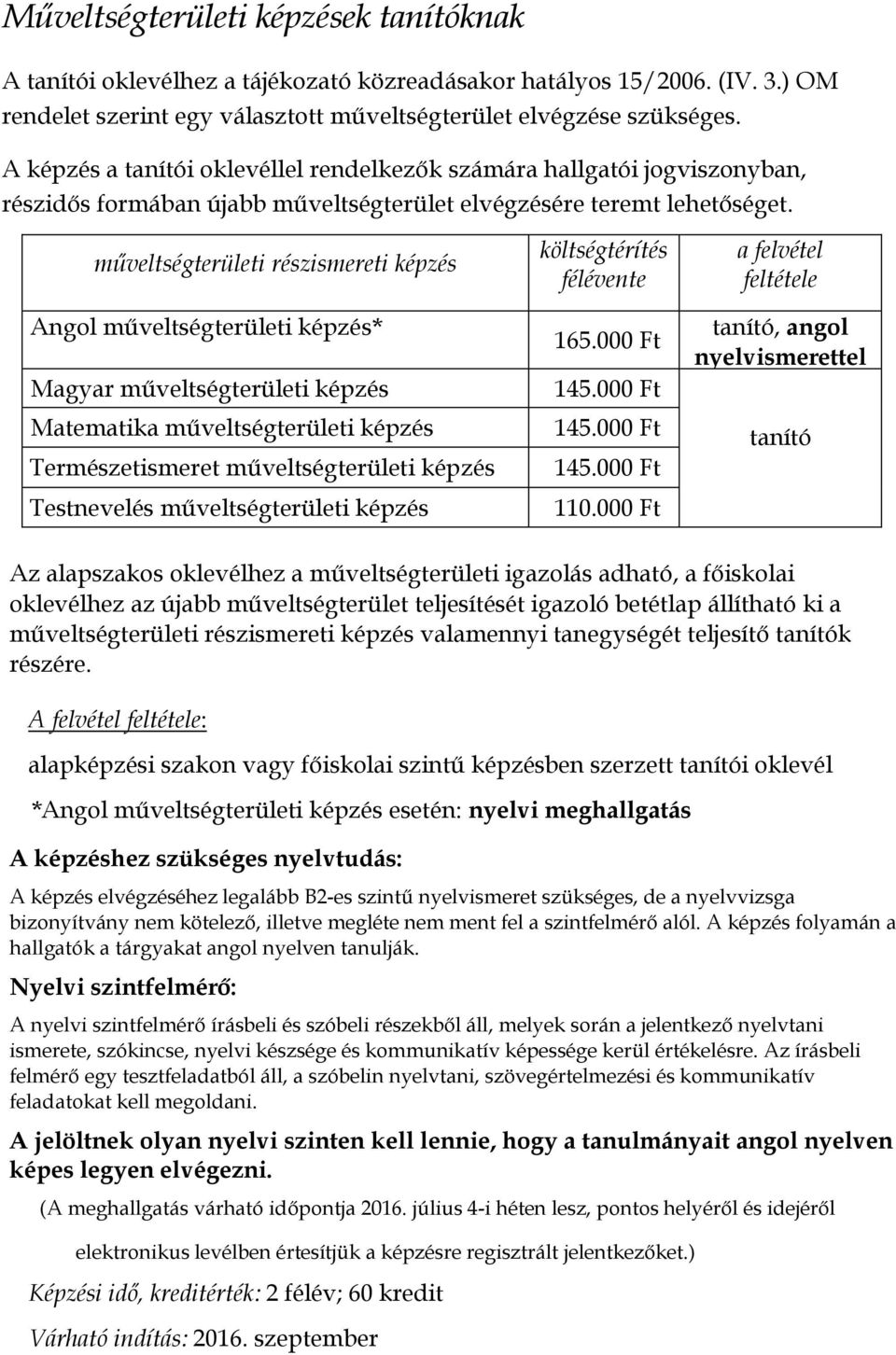 műveltségterületi részismereti képzés Angol műveltségterületi képzés* Magyar műveltségterületi képzés Matematika műveltségterületi képzés Természetismeret műveltségterületi képzés Testnevelés