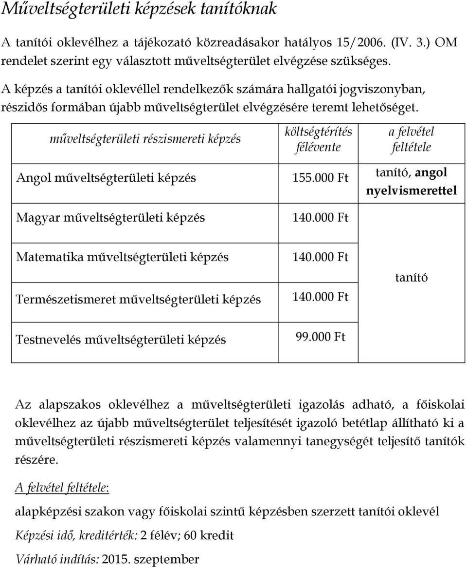 műveltségterületi részismereti képzés Angol műveltségterületi képzés Magyar műveltségterületi képzés költségtérítés félévente 155.000 Ft 140.