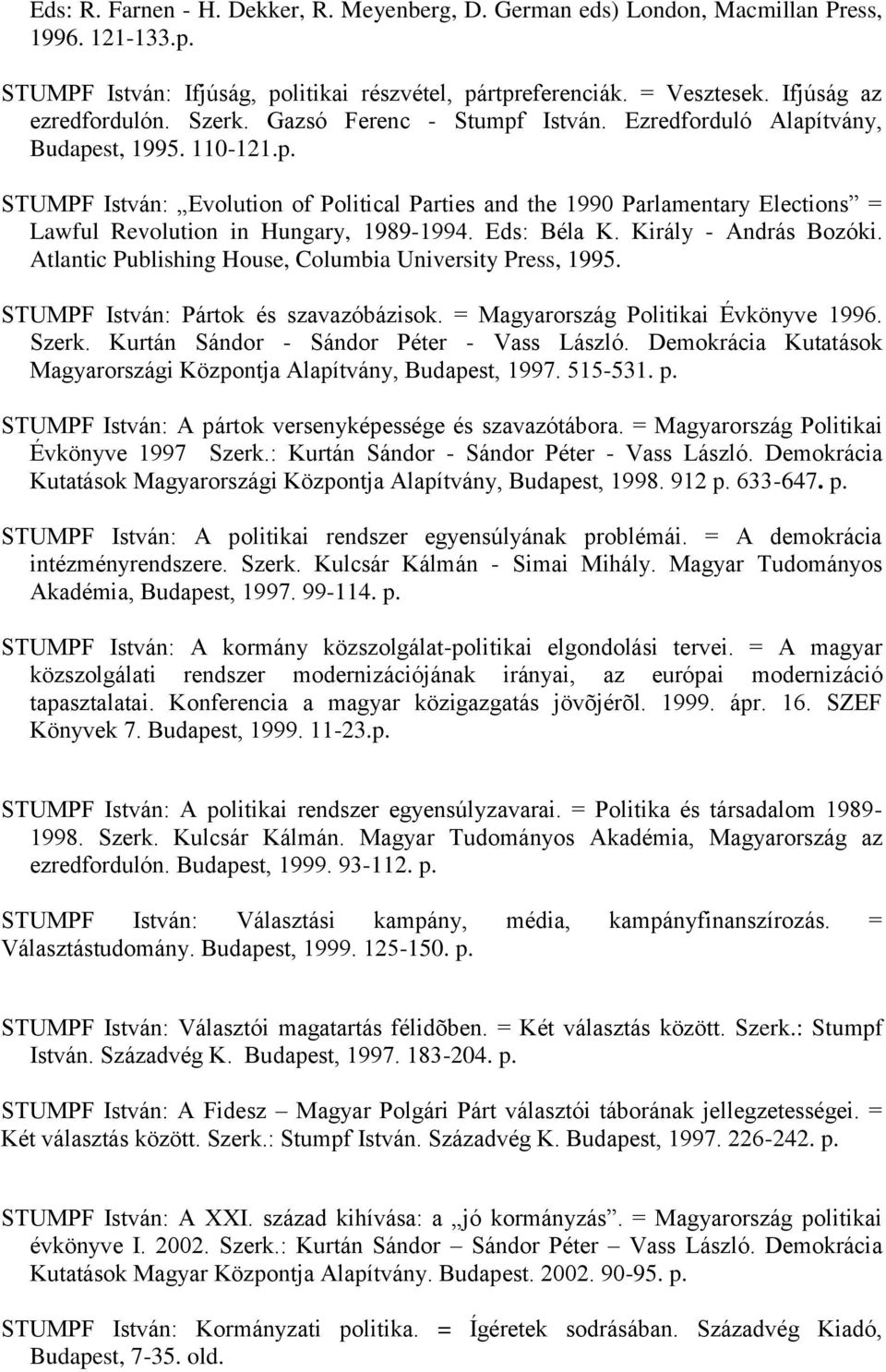 Eds: Béla K. Király - András Bozóki. Atlantic Publishing House, Columbia University Press, 1995. STUMPF István: Pártok és szavazóbázisok. = Magyarország Politikai Évkönyve 1996. Szerk.