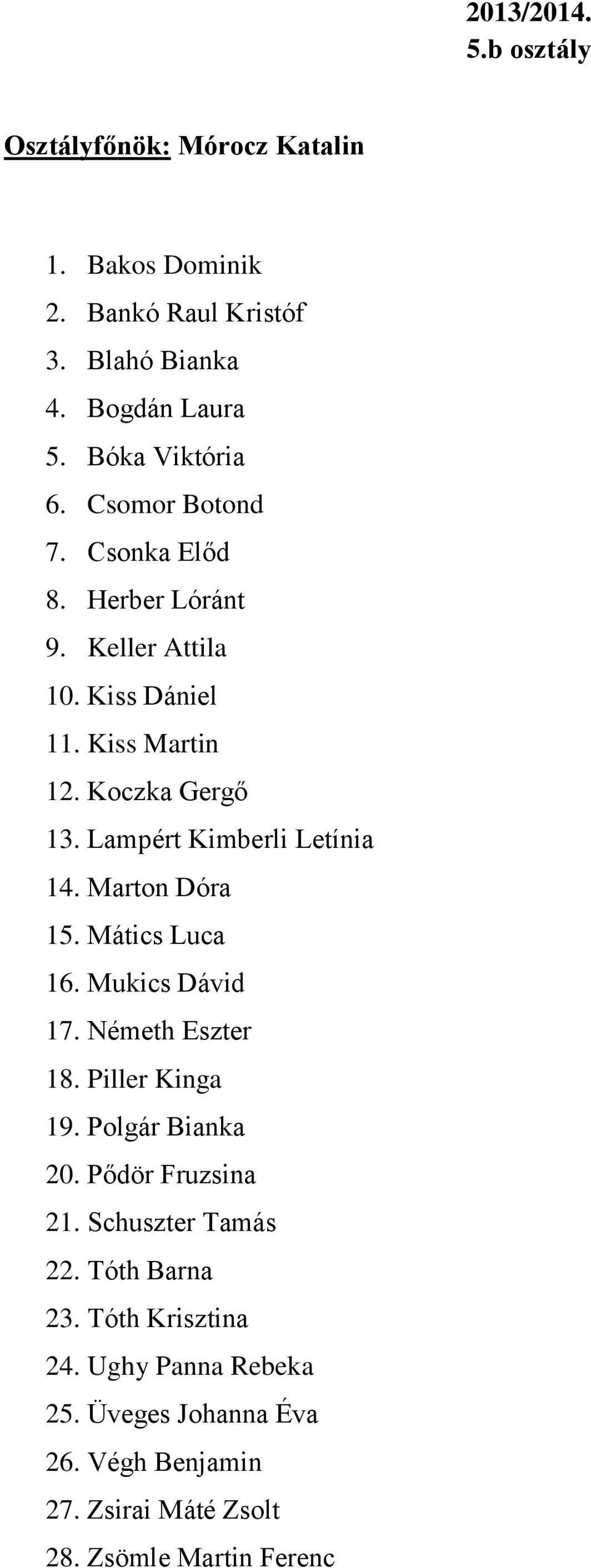 Lampért Kimberli Letínia 14. Marton Dóra 15. Mátics Luca 16. Mukics Dávid 17. Németh Eszter 18. Piller Kinga 19. Polgár Bianka 20.