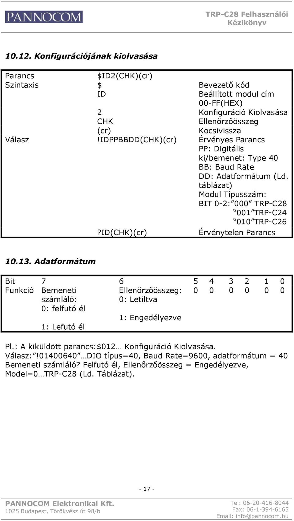 táblázat) Modul Típusszám: BIT 0-2: 000 TRP-C28 001 TRP-C24 010 TRP-C26?ID() Érvénytelen 10.13.