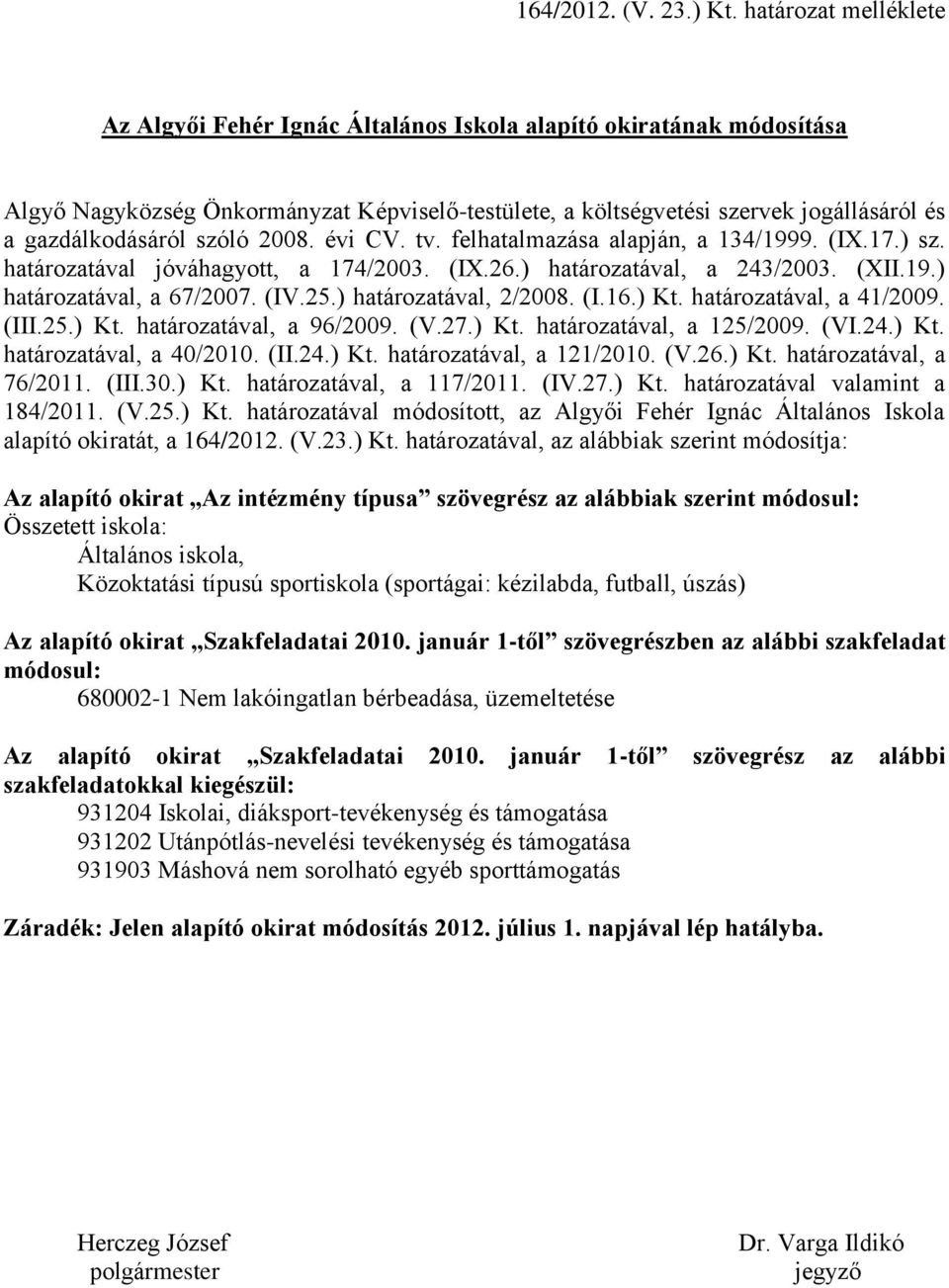 szóló 2008. évi CV. tv. felhatalmazása alapján, a 134/1999. (IX.17.) sz. határozatával jóváhagyott, a 174/2003. (IX.26.) határozatával, a 243/2003. (XII.19.) határozatával, a 67/2007. (IV.25.