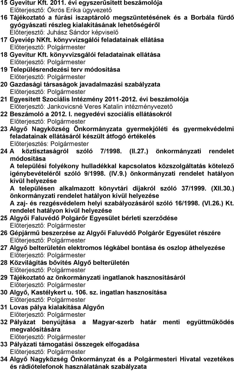 Előterjesztő: Juhász Sándor képviselő 17 Gyeviép NKft. könyvvizsgálói feladatainak ellátása 18 Gyevitur Kft.