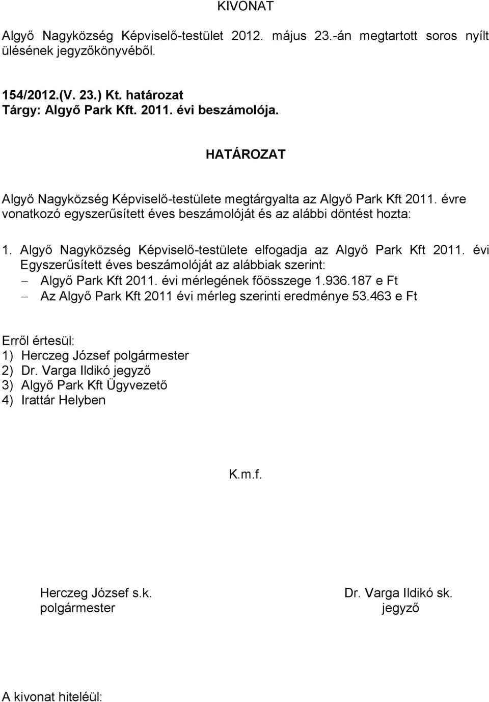 Algyő Nagyközség Képviselő-testülete elfogadja az Algyő Park Kft 2011. évi Egyszerűsített éves beszámolóját az alábbiak szerint: Algyő Park Kft 2011.