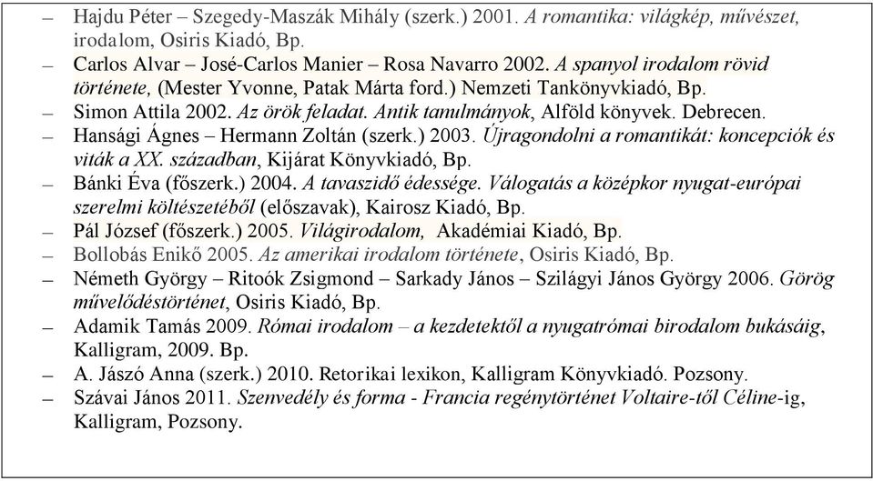 Hansági Ágnes Hermann Zoltán (szerk.) 2003. Újragondolni a romantikát: koncepciók és viták a XX. században, Kijárat Könyvkiadó, Bp. Bánki Éva (főszerk.) 2004. A tavaszidő édessége.