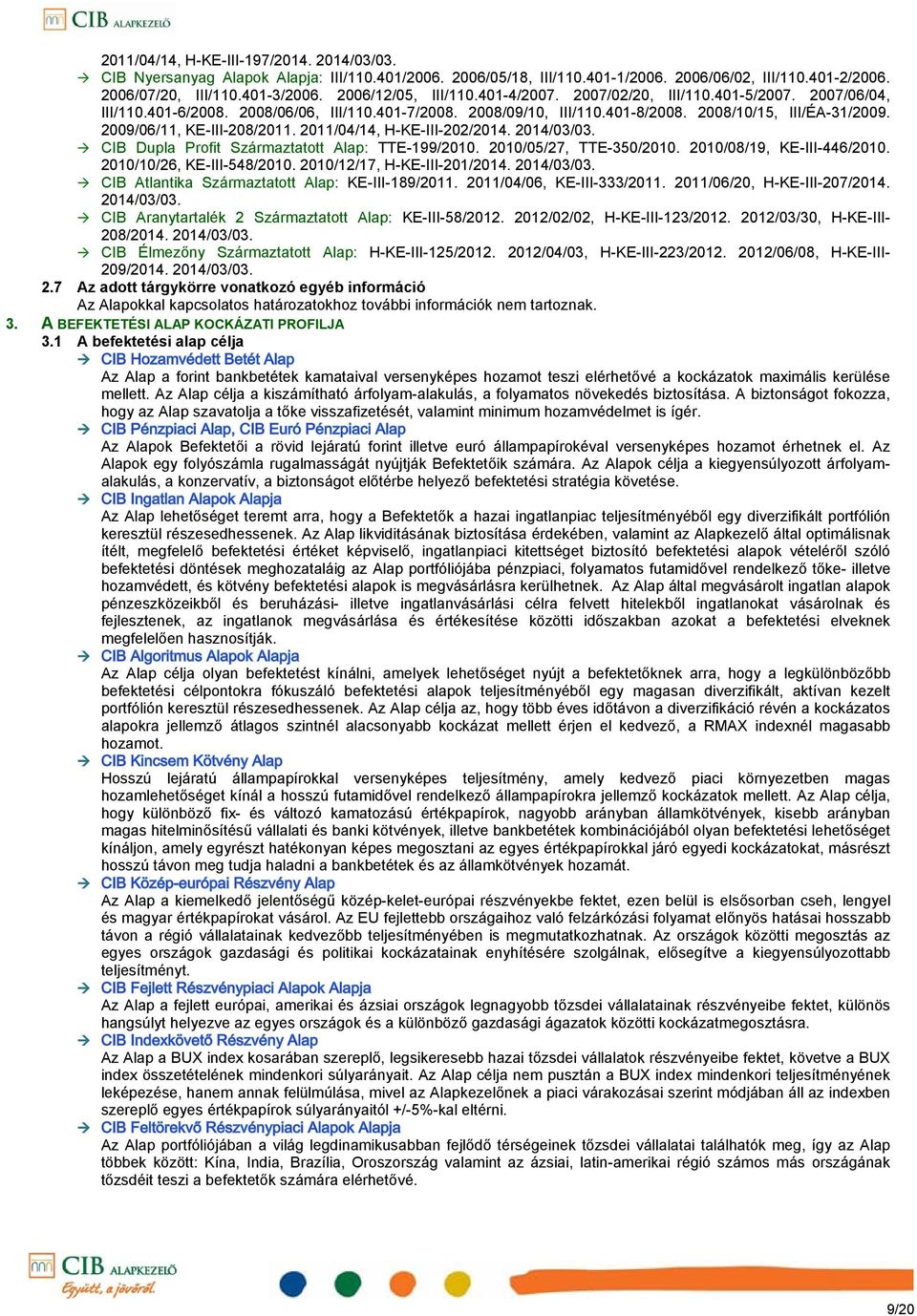 2009/06/11, KE-III-208/2011. 2011/04/14, H-KE-III-202/2014. 2014/03/03. CIB Dupla Profit Származtatott Alap: TTE-199/2010. 2010/05/27, TTE-350/2010. 2010/08/19, KE-III-446/2010.
