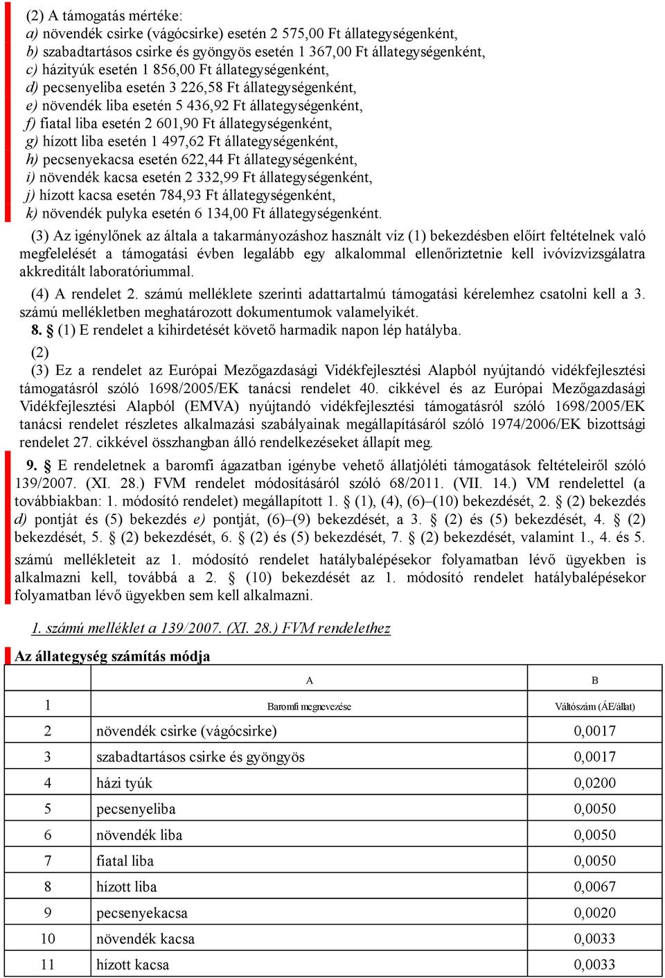 esetén 1 497,62 Ft állategységenként, h) pecsenyekacsa esetén 622,44 Ft állategységenként, i) növendék kacsa esetén 2 332,99 Ft állategységenként, j) hízott kacsa esetén 784,93 Ft állategységenként,