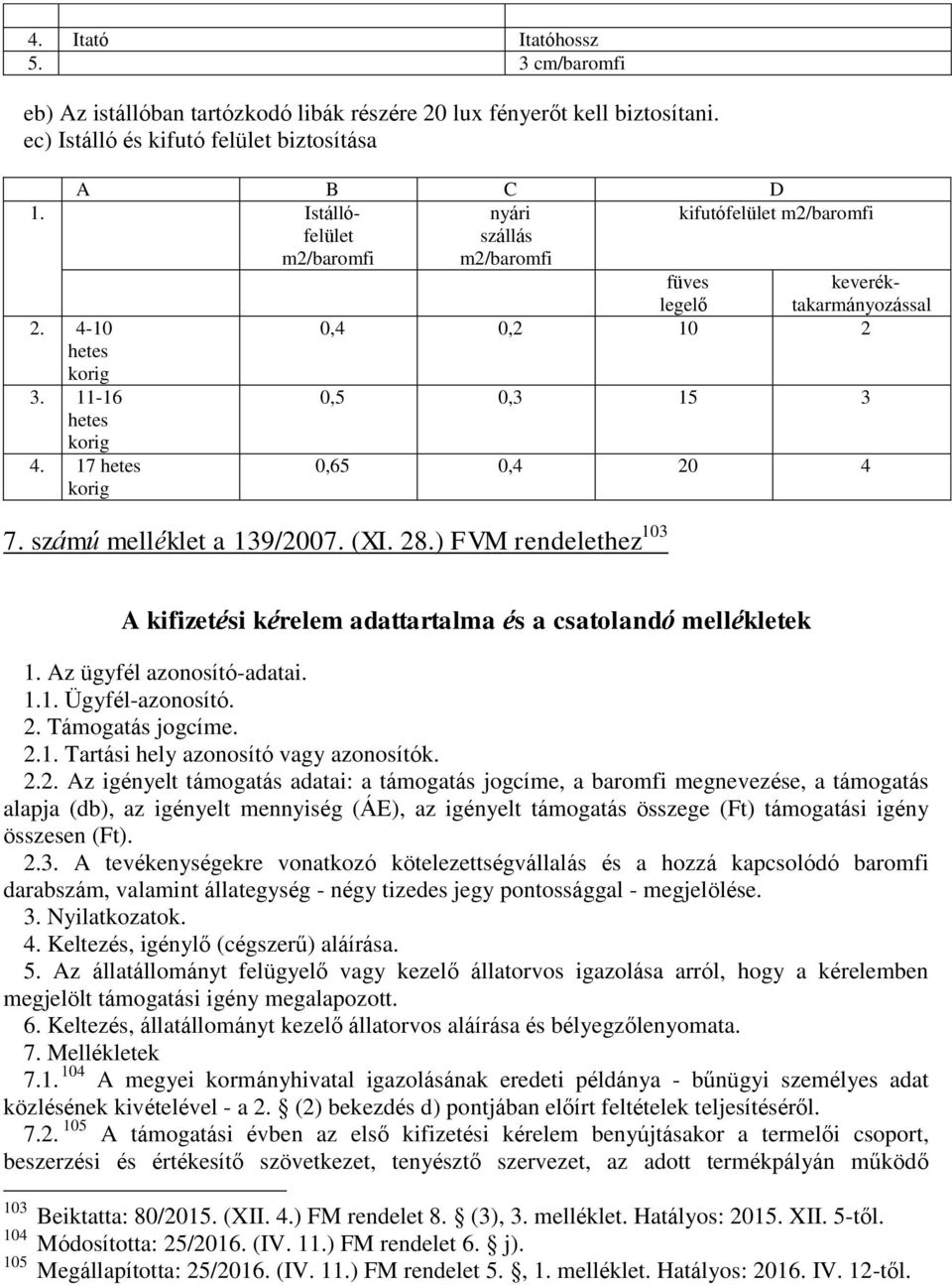 17 hetes korig legelő takarmányozással 0,4 0,2 10 2 0,5 0,3 15 3 0,65 0,4 20 4 7. számú melléklet a 139/2007. (XI. 28.